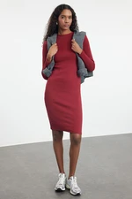 Trendyol Burgundy Fitted Long Sleeve Ribbed Stretchy Knitted Dress