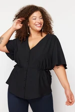 Trendyol Curve Black Knitted V-Neck Tiered Blouse