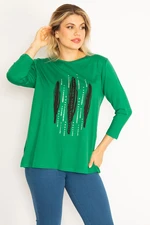 Şans Women's Plus Size Green Stone And Print Detailed Blouse