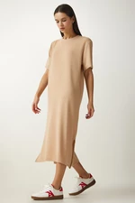 Happiness İstanbul Women's Beige Crew Neck Knitted Ribbed Dress