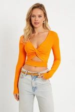 Cool & Sexy Women's Front Knotted Crop Blouse Orange