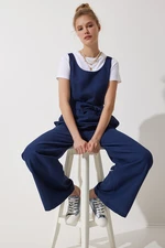 Happiness İstanbul Women's Navy Blue Belted Linen Jumpsuit