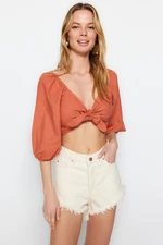 Trendyol Tile Crop Woven Tie 100% Cotton Blouse