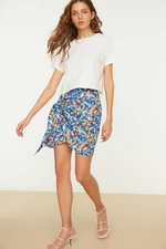 Trendyol Blue Mini Weave Tie Detailed Double Breasted Floral Print Skirt