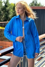 Trend Alaçatı Stili Women's Aviator Blue Motif Oversize Linen Shirt