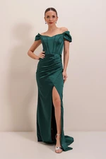 By Saygı Underwired Long Satin Dress with Gatherings Emerald