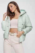 By Saygı Women's Mint Waist Elasticated Pocket Hooded Lined Puffer Coat