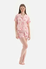 Dagi Salmon Shirt Collar Printed in Sizes and Knitted Pajamas Set