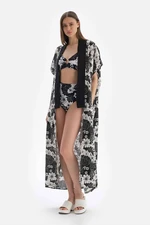 Dagi Black and White Linen Long Kimono