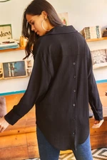 Olalook Women's Black Textured Oversized Shirt with Buttons at the Back