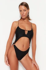 Trendyol Black Round Neck Cut Out/Windowed High Leg Swimsuit