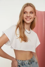 Trendyol White Super Crop Dzianin T-shirt