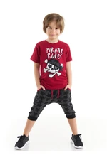 Mushi The Pirate Rules Boys Claret Red T-shirt Gray Capri Shorts Set