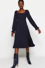 Trendyol Navy Blue Square Neck Slit Long Sleeve Crepe Midi Knitted Dress