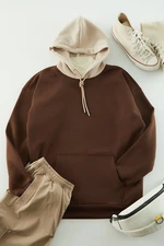 Trendyol Brown Oversize/Wide Cut Hooded Printed Fleece/Warm Sweatshirt