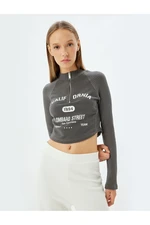 Koton Crop T-Shirt Long Sleeve Half Zipper Slogan Printed Slim Fit