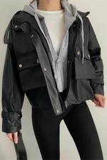 38887 Dewberry Grey Hooded Women PU Jacket-BLACK