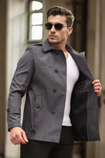 23058 Dewberry Lined Belted Double Breasted Mens Trenchcoat-GREY