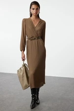 Trendyol Dark Mink Belted A-Line Pleated Maxi Lined Chiffon Woven Dress