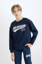 DEFACTO Boy Navy Blue Oversize Wide Pattern Crew Neck Printed Thick Sweatshirt