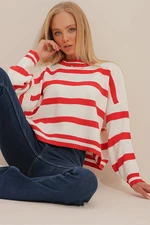 Trend Alaçatı Stili Dámské Červená Posádky Neck Pruhované Crop Oversize Pletený Svetr