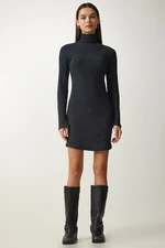 Happiness İstanbul Women's Anthracite Turtleneck Ribbed Knitted Dress