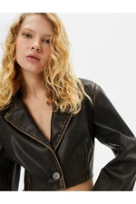 Koton Crop Faux Leather Jacket Worn Look Reverse Double Breasted Collar Long Sleeve