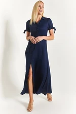 armonika Women's Navy Blue Tied Sleeve Belted Waist Shirt Dress