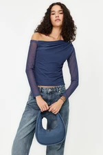 Trendyol Indigo Tulle Lined Asymmetric Collar Knitted Blouse