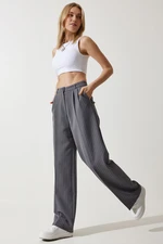 Happiness İstanbul Women's Gray Slim Striped Masculine Palazzo Pants