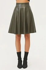 88854 Dewberry Flared Faux Leather Skirt-Khaki