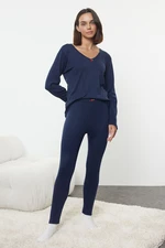 Trendyol Navy Blue Rose Accessory Ribbed Knitted Pajama Set