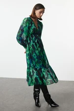 Trendyol Green Abstract Patterned Waist Opening Lined Midi Chiffon Woven Dress