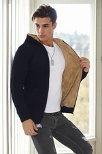 14455 Dewberry Furry Hooded Mens Sports Slim Fit Cardigan-NAVY