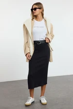 Trendyol Black Body-Fitting Elastic Waist Midi Normal Waist Slit Pencil Skirt