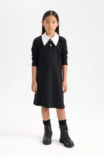 DEFACTO Girl Shirt Collar Basic Plain Long Sleeve Black Dress