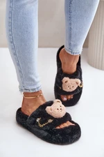 Women's Furry Slippers With Teddy Bear And Decorative Elements Black Innalise