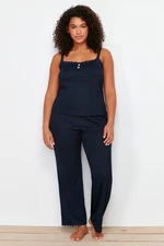 Trendyol Curve Navy Blue Ribbed Strap Knitted Pajamas Set