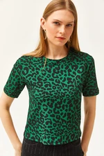 Olalook Women's Leopard Emerald Green Ribbed Crop Knitted T-Shirt