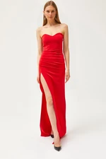 Olalook Women's Red Deep Slit Strapless Long Dress