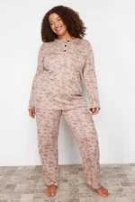 Trendyol Curve Mink Floral Pattern Knitted Pajamas Set