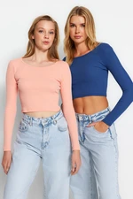 Trendyol Indigo-Pink 2 Pack Fitted Wide Collar Ribbed Flexible Crop Knitted Blouse