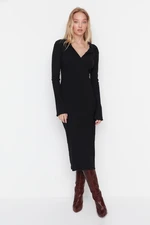 Trendyol Black Fake Knitwear Body-Fitting Polo Collar Maxi Ribbed Flexible Knitted Pencil Dress