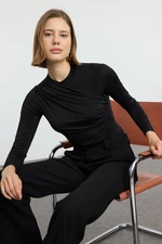 Trendyol Black Gathered/Draped Detailed Fitted/Body-Smoothing Long Sleeve Flexible Knitted Blouse