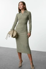 Trendyol Khaki Plain Polo Neck Bodycone/Fitting Textured Button Detailed Knitted Dress