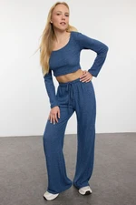 Trendyol Indigo Soft Crop and Wide Leg Knitted Top and Bottom Set