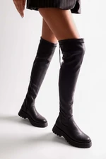 Shoeberry Women's Margot Black Thick Sole Long Stretch Elastic Boots Black Skin.