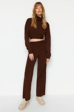 Trendyol Brown Tie Detail Crop Knitwear Bottom-Top Set