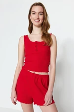 Trendyol Red Button Detailed Ribbed Cotton Singlet-Short Knitted Pajamas Set