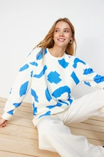 Trendyol White-Blue Patterned Crew Neck Scuba Knitted Sweatshirt